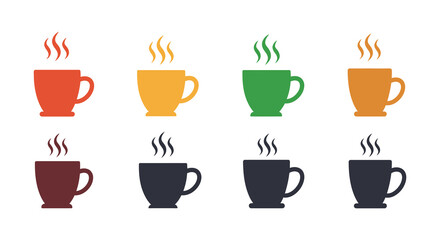 Collection of colorful coffee cup icons with steam on white background