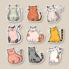 Set of cute vector cat sticker, lovely cat and friendly doodle in different poses . Adorable funny pet characters hand drawn collection for T-shirt,sticker, print, pet shop.