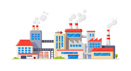 Obraz premium Detailed Cartoon Style Factory Landscape with Buildings and Chimneys Emitting Smoke
