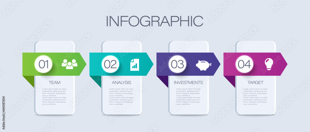 Poster concept business model with 4 successive steps. four colorful graphic elements. timeline design with