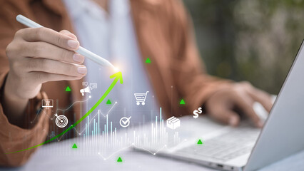 Digital Marketing and Business Growth with Green Upward Arrow and Virtual Icons