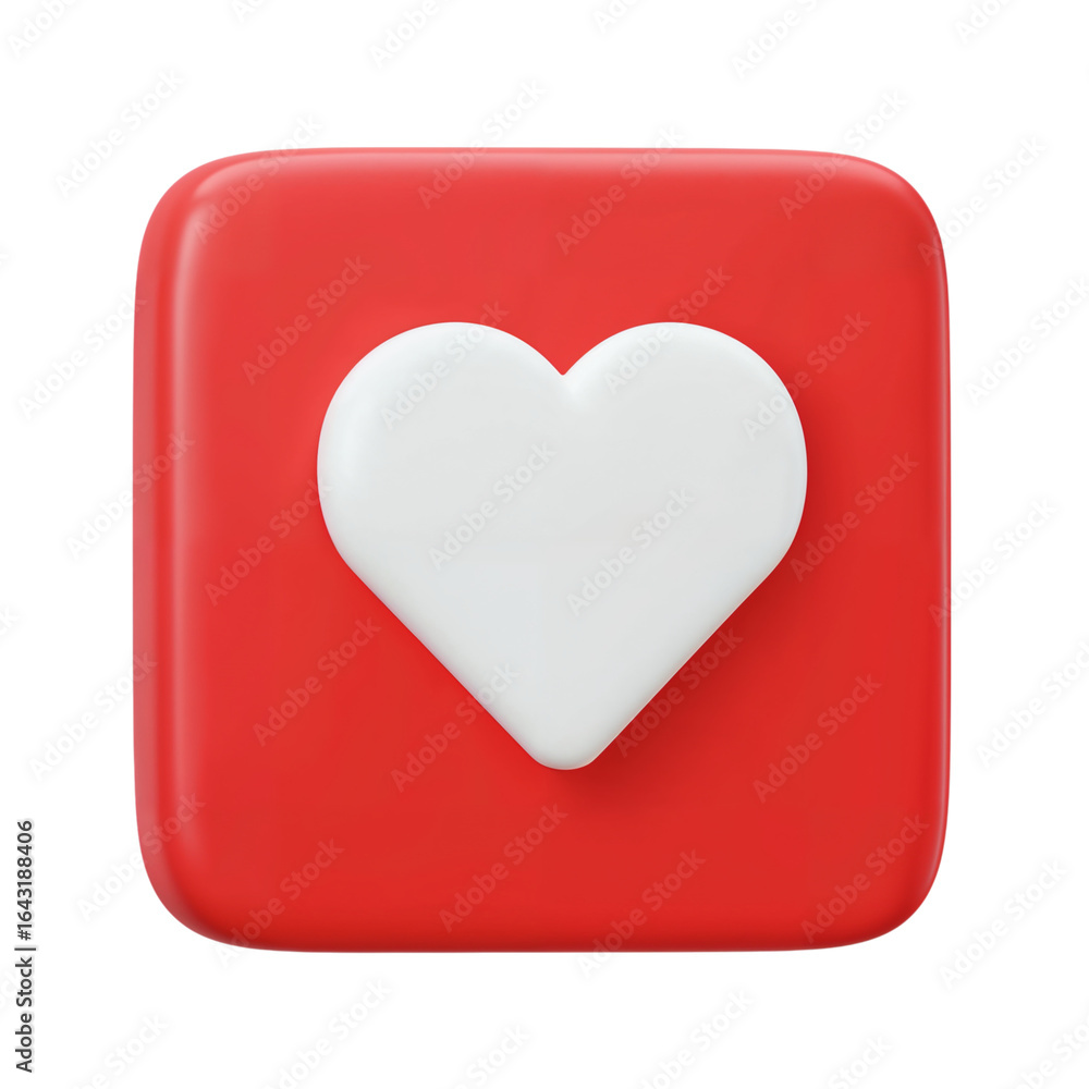 Poster 3d rendered white heart symbol prominently displayed on a vibrant red rounded square icon isolated o