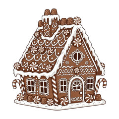 A Traditional Christmas Gingerbread House with Icing, Cut Out, Clipping Path Isolated on a Transparent PNG Background.