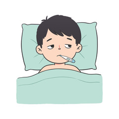Cartoon illustration of a sick boy with a fever lying in bed, measuring his temperature with a thermometer to monitor his illness.