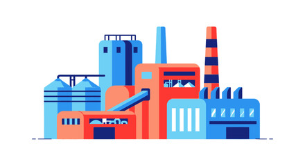 Stylized Factory Illustration with Geometric Shapes and Bold Color Palette