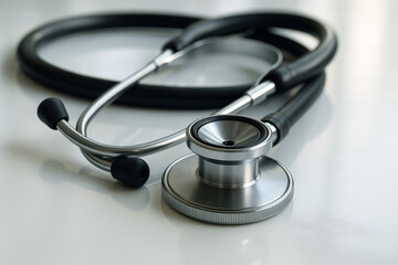Close-up of advanced stethoscope on glossy white surface with soft daylight reflections, medical realism style