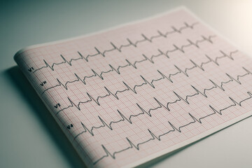 Close-up of ECG paper printout on white desk, cinematic advertising style, no people