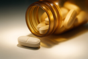 Macro shot of pill pouring from bottle onto bright surface, cinematic medical realism, no people