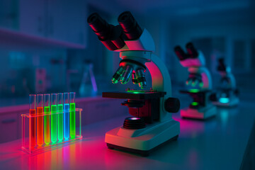 Sterile laboratory with glowing microscopes and test tubes in vivid colors, cinematic perspective, no people