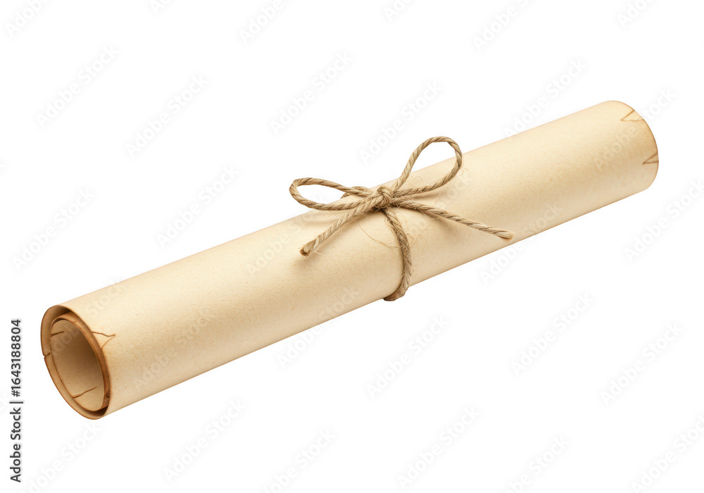 Poster an old rolled parchment scroll tied with a rustic twine bow, isolated on a transparent background