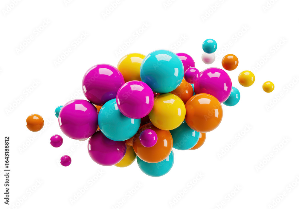 Poster a vibrant and colorful cluster of glossy spheres and balls floating together, isolated on a transpar
