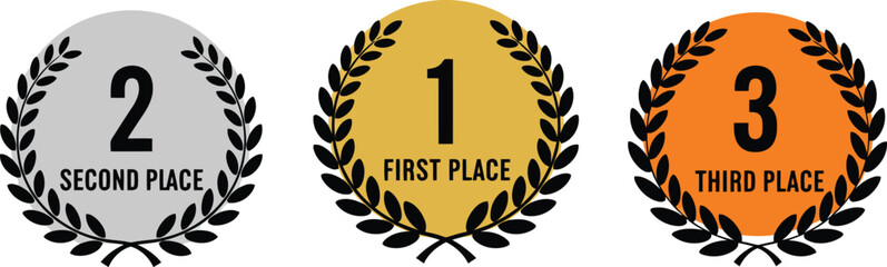 Gold silver bronze medals 1st 2nd 3rd place laurel wreath