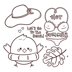 cute coloring page cartoon chick with summer element sticker. summer drawing sticker for kids, coloring book