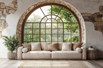 Beige sofa positioned against an arched window, showcasing rustic interior design with stone cladding walls in a modern living room, Generative AI