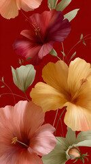 Obraz premium Vibrant Floral Pattern with Large Red, Orange, and Pink Flowers on Red Background 
