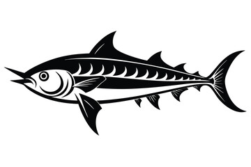 Striking black tuna showcases sharp fins and streamlined body on white background