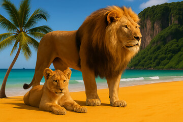 A majestic male lion and a cub on a vibrant tropical beach. The clear blue sky, turquoise ocean, and lush green cliffs create a stunning backdrop for these magnificent creatures. 