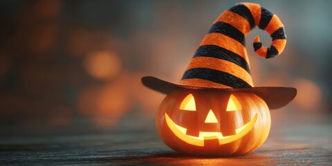 The glowing jack-o'-lantern wearing a whimsical witch hat on Halloween night.