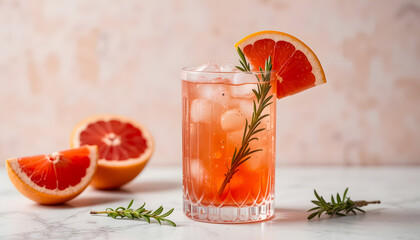 A luxurious grapefruit and rosemary spritz mocktail, perfectly lit to showcase its elegant details and sparkling texture.