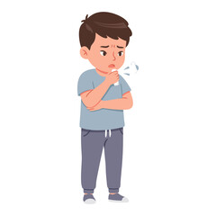 A sick young boy coughing and feeling unwell, a character illustration showing symptoms of a cold, flu, or respiratory illness.