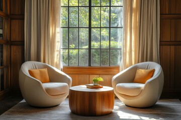 Two barrel chairs and a round wooden coffee table near a window, set against a paneling wall and curtain, ideal for mid-century home interior design, Generative AI