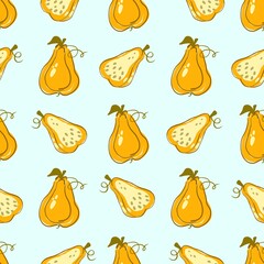  Seamless autumn harvest pattern with hand-drawn orange pumpkins on blue background
