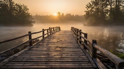 An abandoned wooden bridge over a misty river at sunrise, with soft golden light filtering through the fog 3