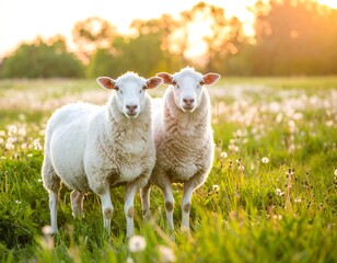 Obraz premium Two sheep in a field at sunset (1)