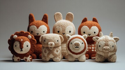 Colorful collection of soft animal figures arranged together on a neutral background in indoor setting