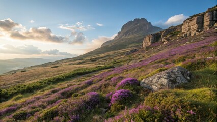 Obraz premium Purple wildflowers bloom on a rugged mountain slope under a dramatic sky