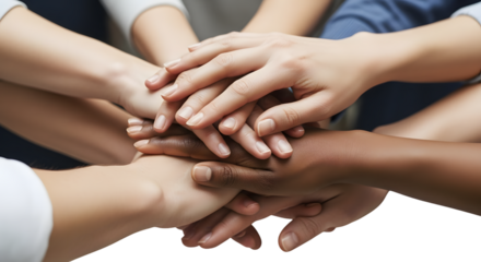 Diverse group of people stacking their hands together in a sign of unity and teamwork, isolated on transparent background