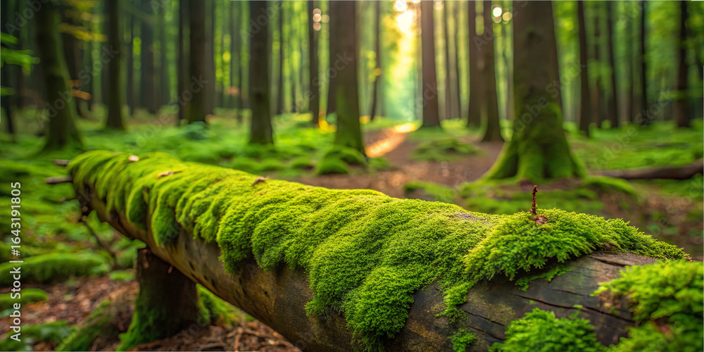 Poster a vibrant display of moss blankets a fallen tree in a tranquil forest. sun rays filter through tall 