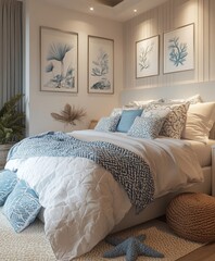 Coastal style interior design of a modern bedroom in a seaside home, reflecting a fresh and relaxing atmosphere with ocean-inspired elements, Generative AI