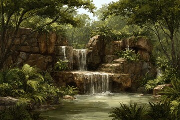 Fototapeta premium Lush waterfall cascading down rocky outcrops in a dense jungle