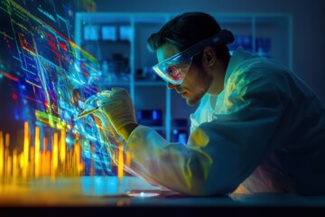 Scientist analyzing data with high-tech visualization in a modern laboratory setting