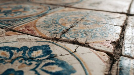 Naklejka premium Cracked aged patterned tiles surface in Europe. Focus on damage, background is blurry