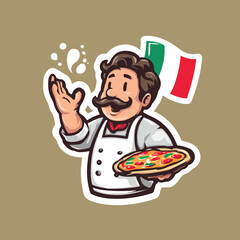 Italian Chef Mascot Holding Pizza