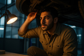 Focused male mechanic inspecting car undercarriage in garage workshop under warm work light during evening maintenance session