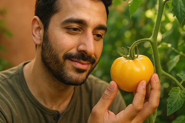 Smiling man inspecting ripe yellow tomato on vine in lush green garden, healthy organic farming and harvesting concept