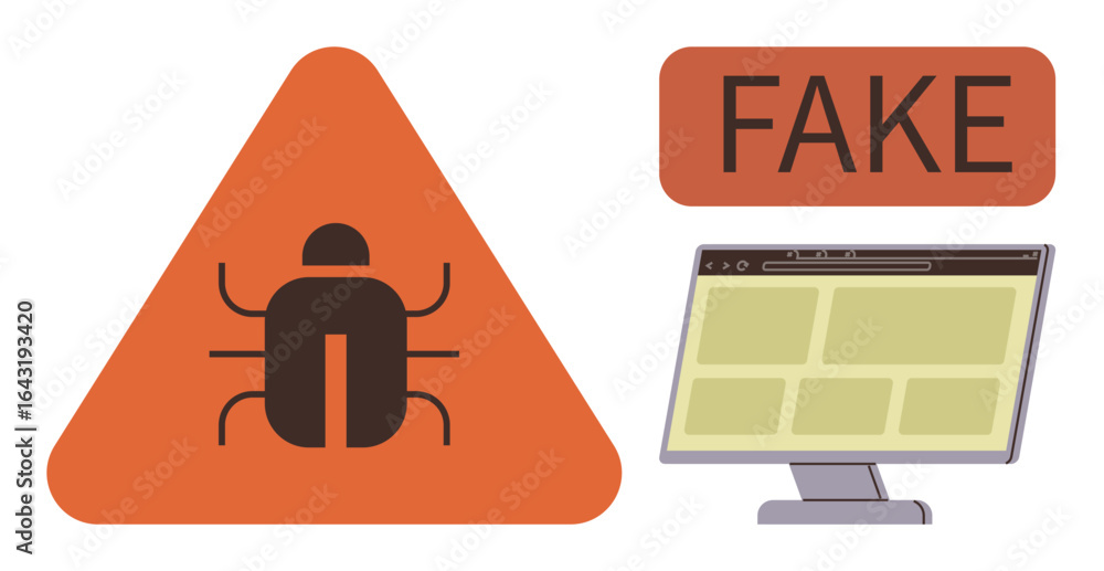 Poster bug icon in warning triangle, fake label, and monitor with webpage layout signify online threat awar