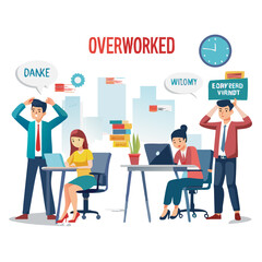 Overworked and Stressed Employees in Office - Unhappy Business Team, Workplace Burnout, Tired Colleagues with Laptops, Deadlines, Workload, Corporate Stress, Vector Illustration Background See Less