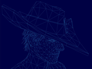 A low polygonal wireframe of a man wearing a hat stands against a smooth blue background. The geometric design features clean edges and a modern digital aesthetic.