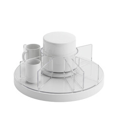 Pristine circular lazy susan turntable organizer, clear acrylic or white plastic, tiered, on a transparent seamless background, studio, no shadows, slightly high angle. Concept for e-commerce product