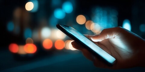 Person using smartphone at night with blurred city lights, illuminated screen, and urban lifestyle