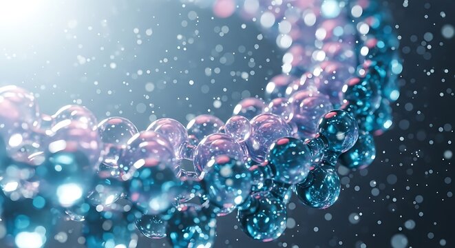 Abstract glowing dna helix with bubbles and light particles