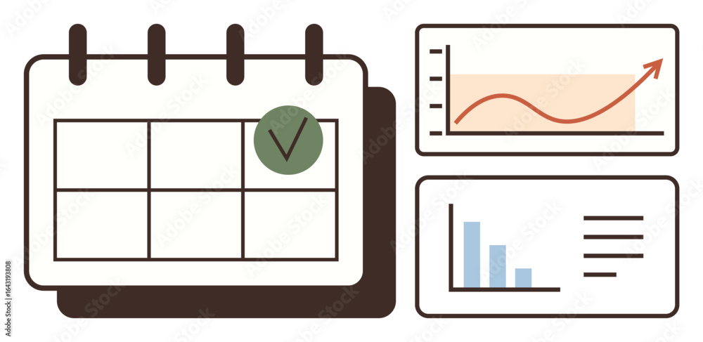 Poster calendar with a marked date, upward-trending graph, and bar chart emphasize task scheduling, growth 