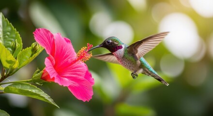 Naklejka premium Tiny hummingbird hovering near a bright pink hibiscus flower drinking nectar