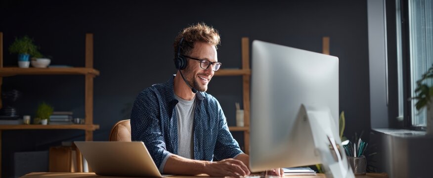 The engaged professional wearing headphones while working at a modern home office.