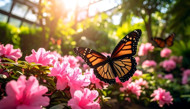 Monarch butterflies hover near vibrant pink flowers in a sun-drenched garden