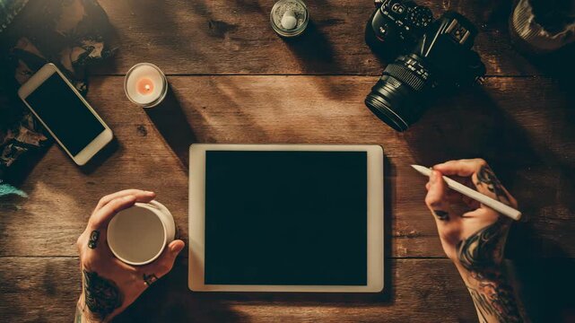 Man photographer editing photos using digital tablet at home - Video editing, freelancer and remote work concept - Model by AI generative